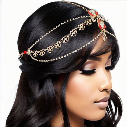 Statement Flower Head Chain with Gold and Red Clear Crystals, Stylish Fashion Jewelry