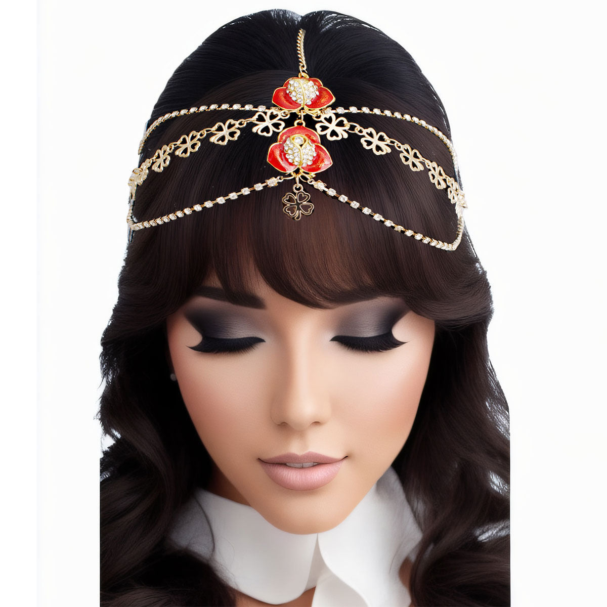 Statement Flower Head Chain with Gold and Red Clear Crystals, Stylish Fashion Jewelry
